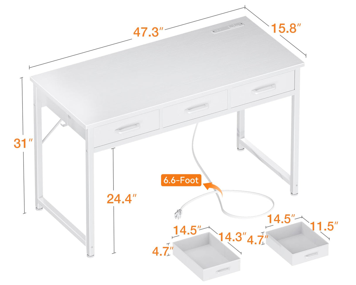 AODK 48" Vanity Desk no Mirror with 3 Fabric Drawers, Small Makeup Vanity Desk for Bedroom with Power Outlet, White Vanity Table with Versatile Hook, Girls Vanity Makeup Table, White AODK