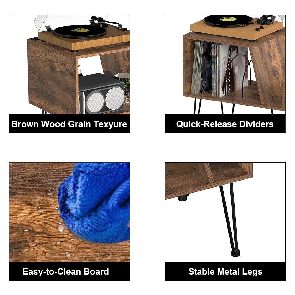 Tohomeor Vinyl Record Player Stand with LED Light Charging Station USB Port Turntable Stand LPs Album Storage Cabinet Wooden Sofa End Table Nightstand for Bedroom Living Room Office Tohomeor