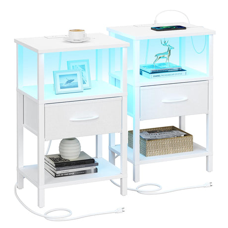VIMBER Nightstand Set of 2, Adjustable LED Side Table with Charging Station and Fabric Drawer,Beside Tables with Open Compartment for Living Room, Easy Assemble, 3 Tier End Table for Bedroom, White VIMBER