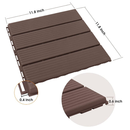 Interlocking Deck Tiles, 12 PCS 12” x 12” Patio Tiles Waterproof Plastic Outdoor Flooring Covering All Weather for Walkway Front Porch Poolside Balcony Backyard, Brown