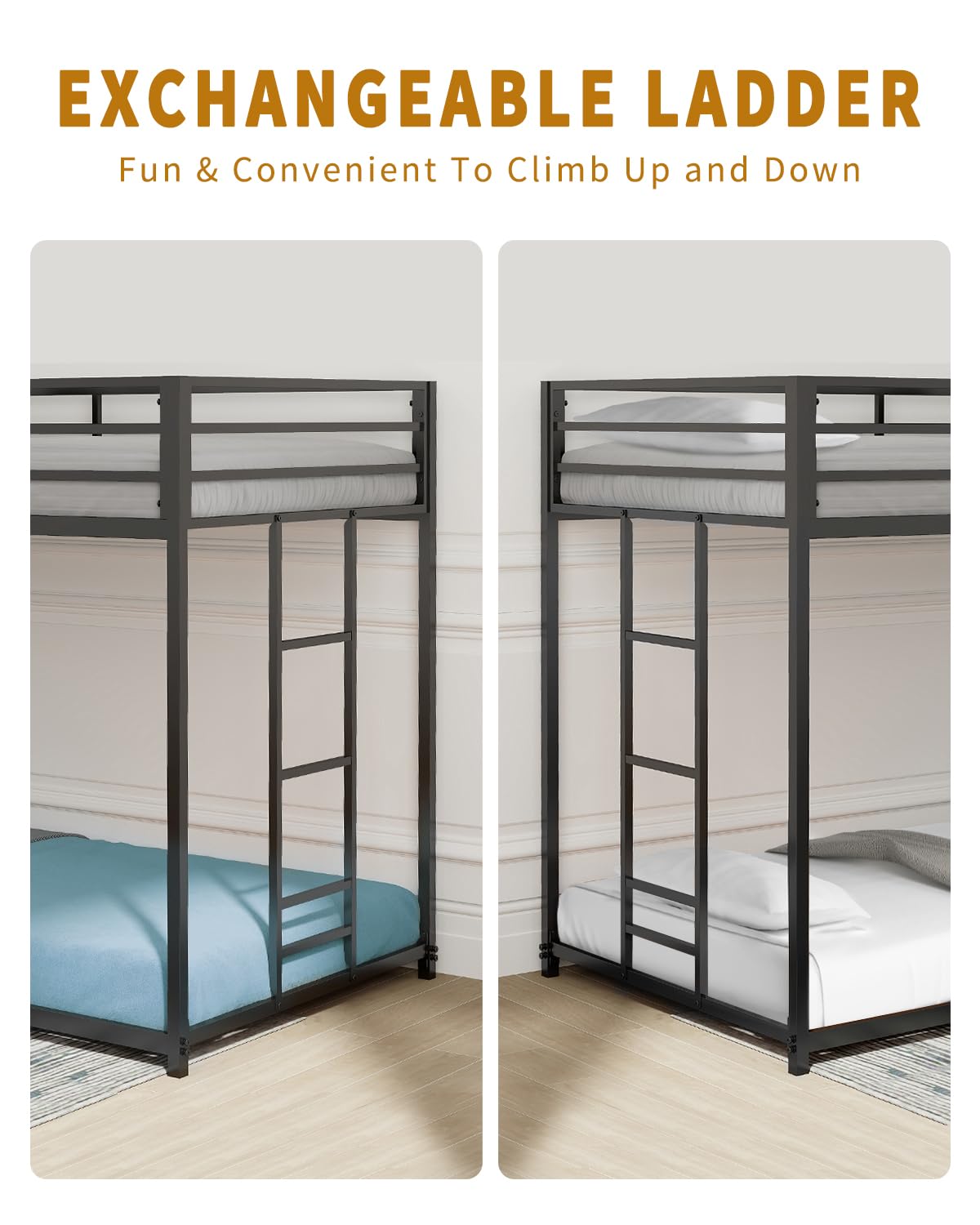 Twin Over Twin Bunk Bed - LifeSky Metal Low Profile Bunkbed with Side Ladder Black LIFE SKY