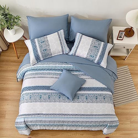 Cottolester Boho Comforter Set King Size Light Blue Comforter Set 8 Piece Bed in a Bag Striped Paisley Bedding Sets Cottolester