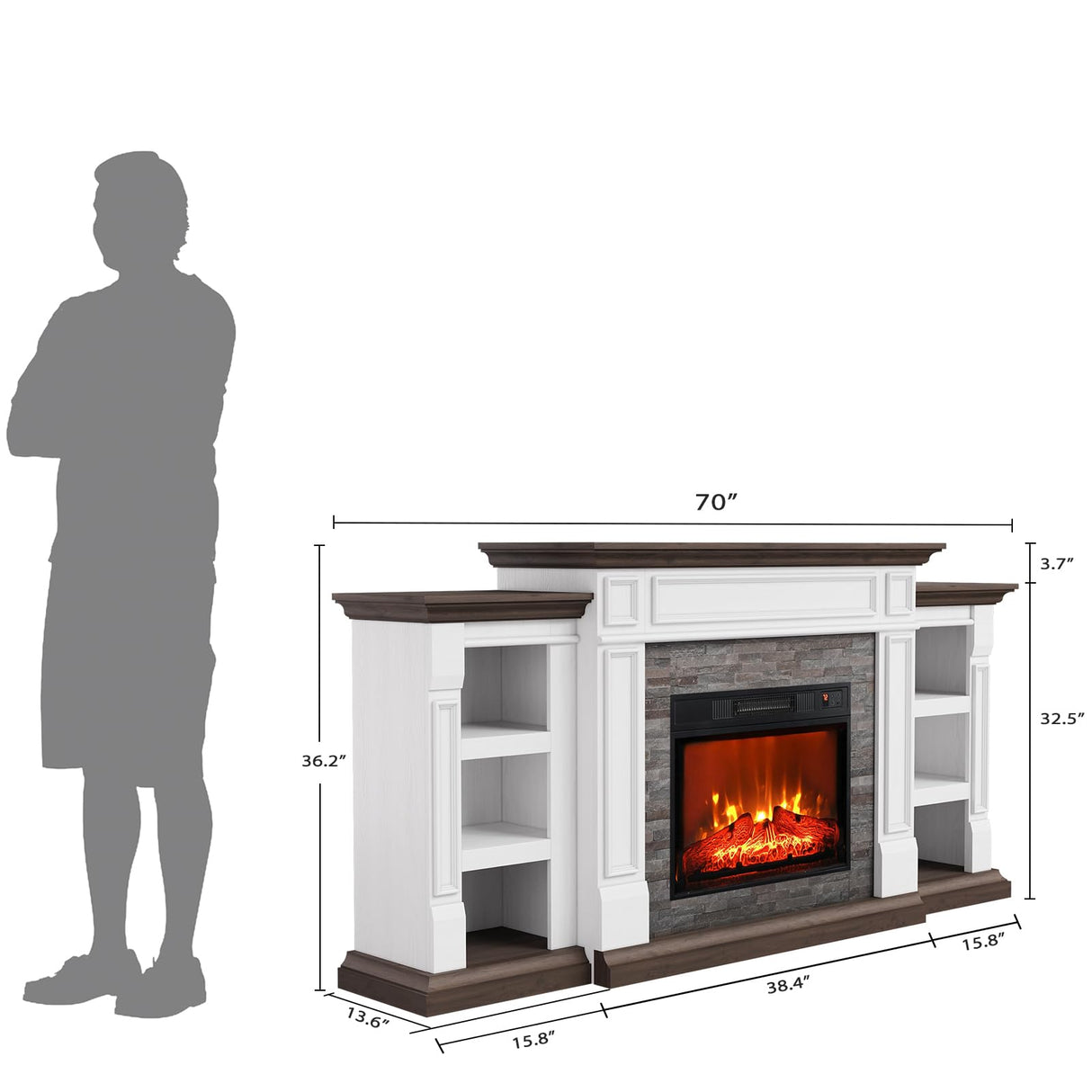 70" Electric Fireplace with Mantel, Fireplace TV Stand for TVs Up to 80 Inch, Farmhouse Entertainment Center with Storage, Realistic Stacked Stone Surround with Remote Control for Living Room,Bedroom LGHM