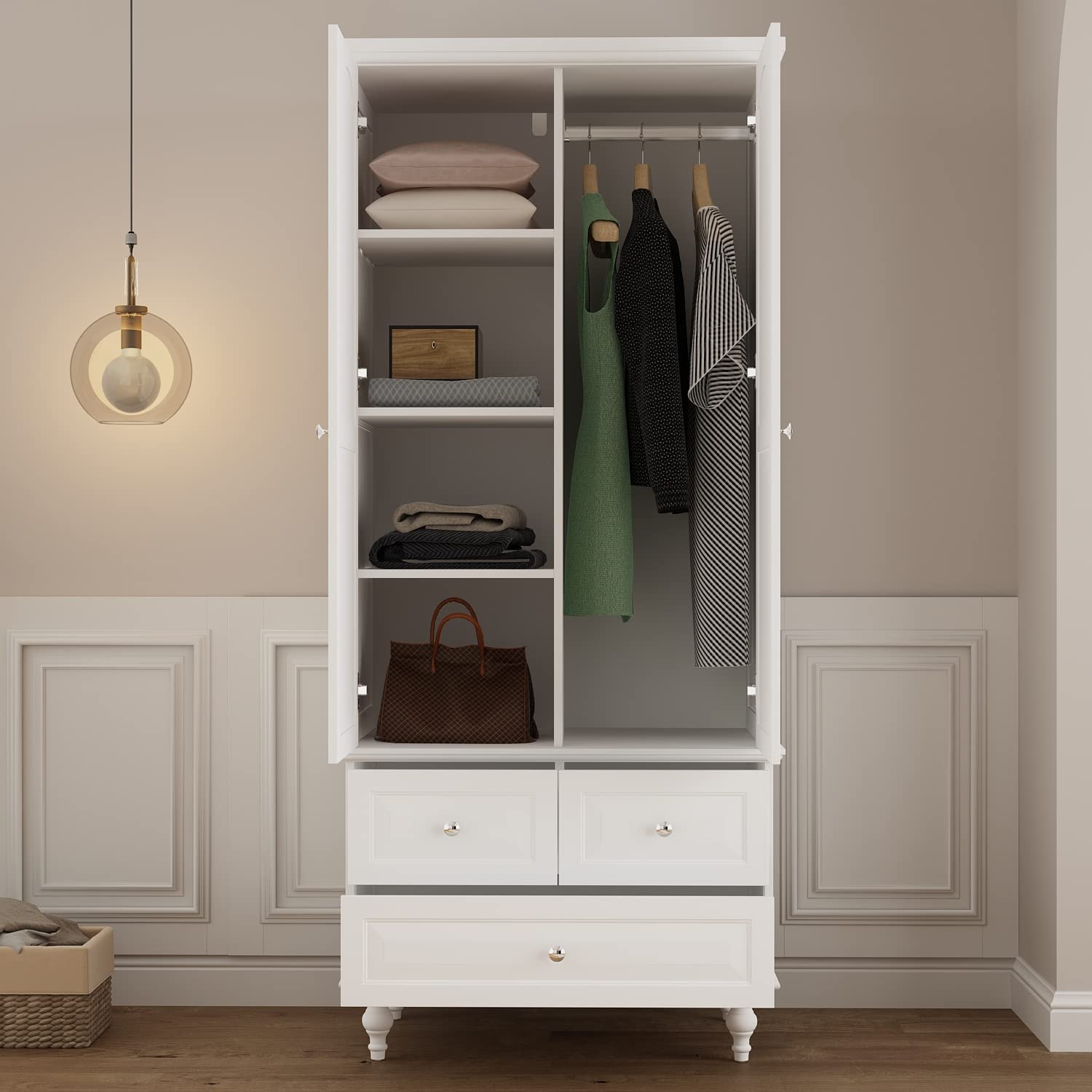 Homsee Wardrobe Armoire Wooden Closet with Mirror, 2 Doors, 3 Drawers, 4-Tier Storage Cubes and Hanging Rod for Bedroom, White (31.5”L x 19.7”W x 70.9”H) - WoodArtSupply