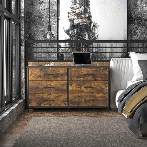 IKENO 6 Drawer Dresser, Industrial Wood Storage Dressers & Chests of Drawers with Sturdy Steel Frame, Storage Dresser for Bedroom Wood (Rustic Brown) - WoodArtSupply