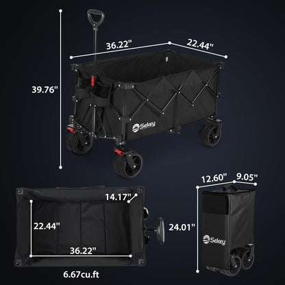 Sekey 220L Collapsible Foldable Wagon with 330lbs Weight Capacity, Heavy Duty Folding Utility Garden Cart with Big All-Terrain Beach Wheels & Drink Holders. Black - WoodArtSupply