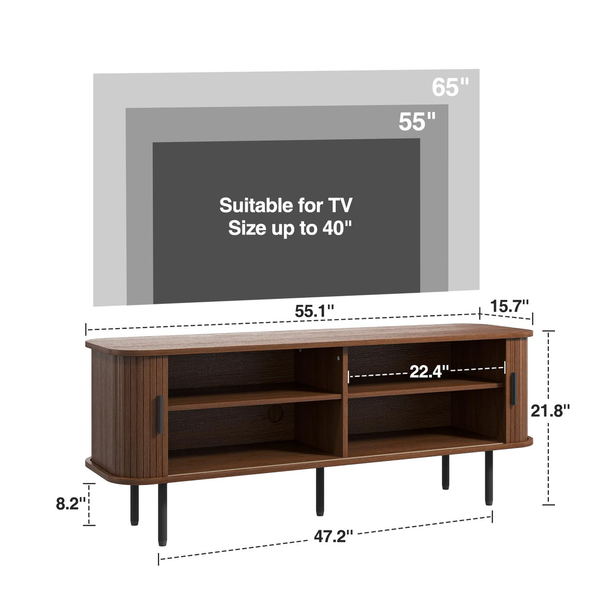 FiveWillowise 55" Mid Century Modern Fluted TV Stand for TVs up to 65 Inch, Gaming Entertainment Center with Tambour Slatted Sliding Doors, Media TV Consoles Table for Living Room, Walnut FiveWillowise