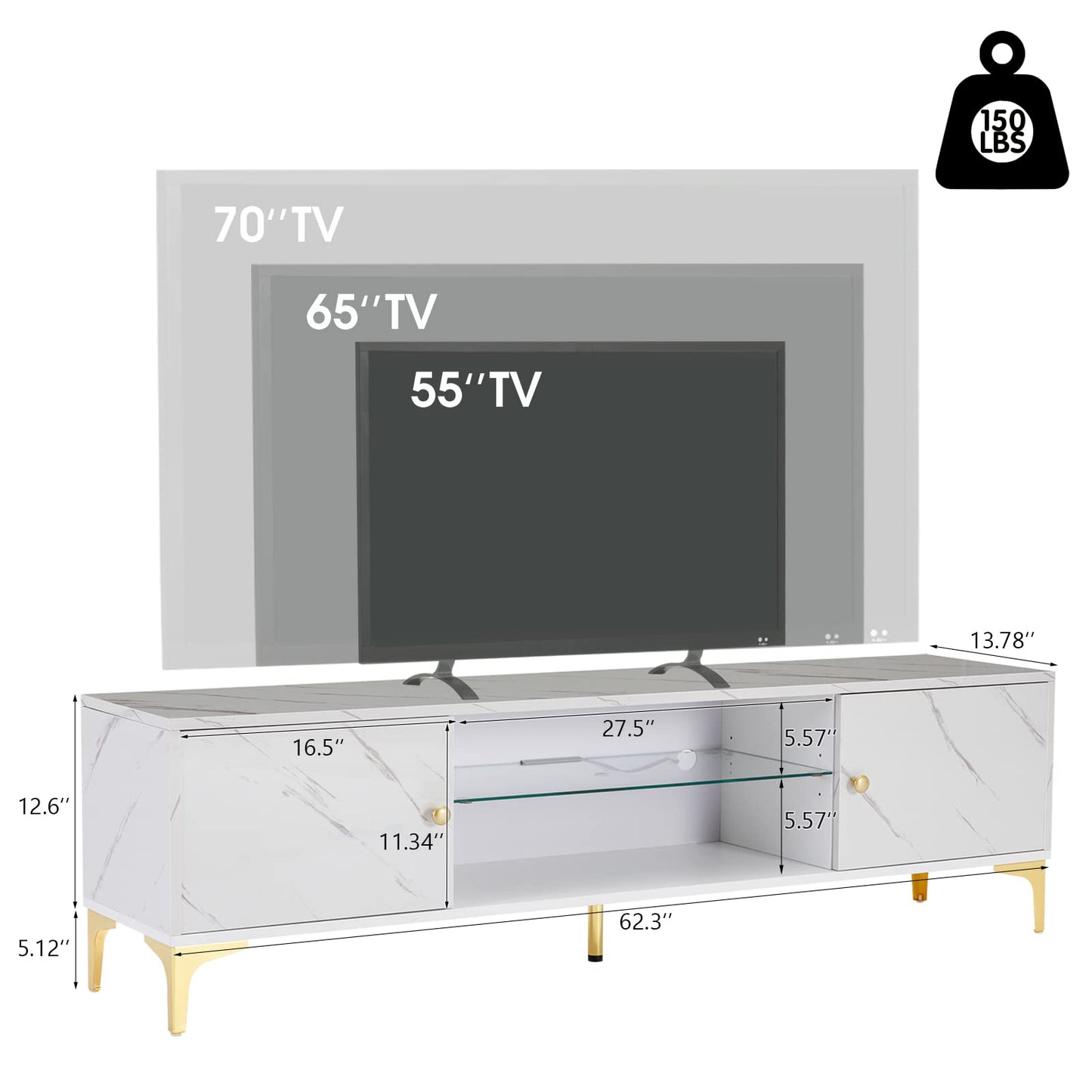 COSVALVE Marble White Table Set, includes LED TV Stand and Lift Top Coffee Table for Living Room, Entertainment Center with Storage Cabinet