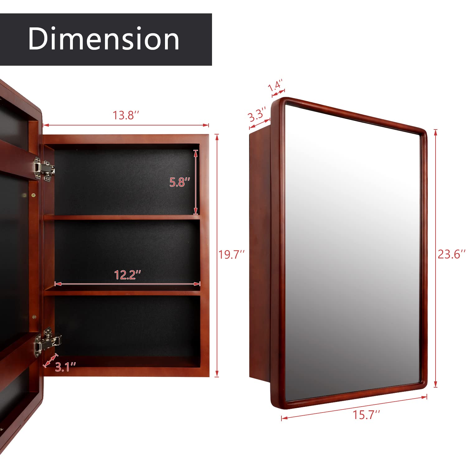 16'' W 24'' H Wood Framed Medicine Cabinet Organizer with Mirror Surface Mounting or in-Wall Installation (Brown) - WoodArtSupply