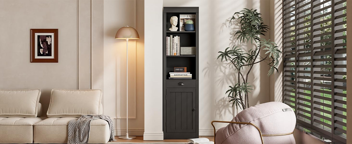 GarveeHome71 inch Tall Narrow Bookcase with Drawer & Door, 3-Tier Bookshelf with Adjustable Shelves, Storage Cabinet for Living Room, Office -Black GarveeHome