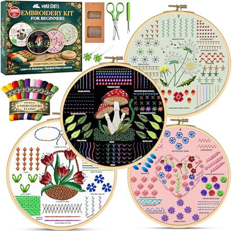 Moni Crafts - Embroidery Kit for Beginners Adults – Learn 41 Stitches with Complete Starter Kit, 4 Pre-Printed Patterns, Threads, Needles & Hoop – Hand Embroidery Kit with Video Tutorials Moni Crafts