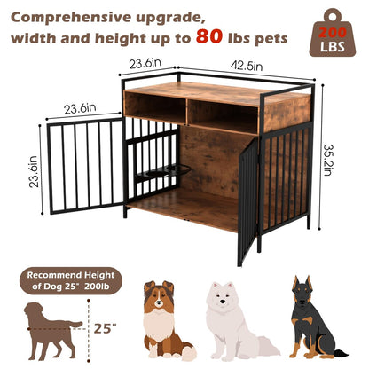 WAYTRIM Large Dog Crate Furniture 42 Inch Dog Crate for XXL/XL up to 80 lb Dogs, 360° & Adjustable Raised Feeder Heavy Duty Dog Crate with Drawers Storage Furniture Indoor, Brown