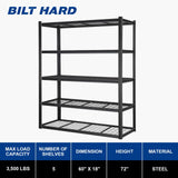 BILT HARD 3500 LBS 60" W x 18" D Garage Shelving, 72" H Heavy Duty Storage Shelves, Metal Wire Utility Shelving Units with Adjustable Shelf, Ideal for Garage, Black BILT HARD