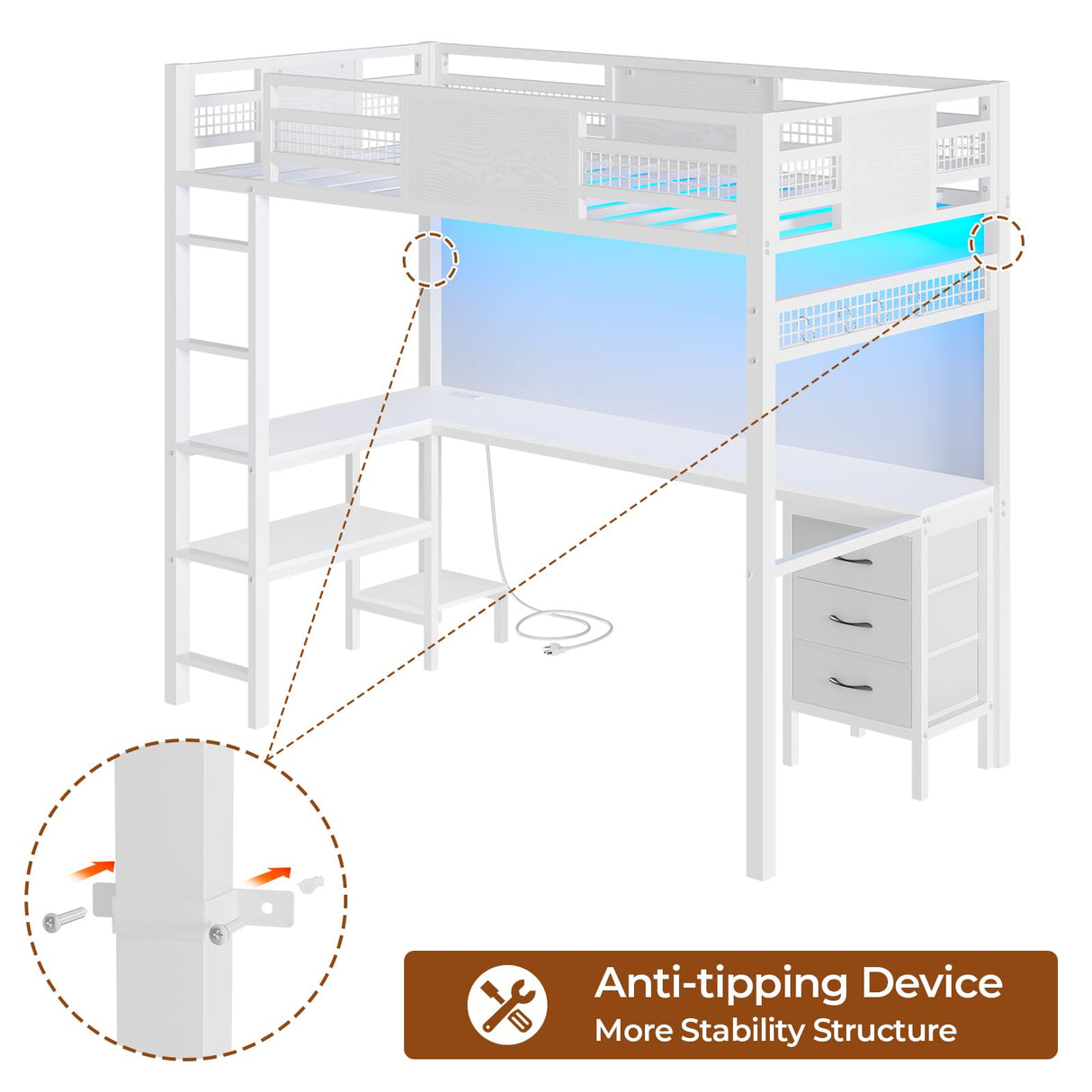 BTHFST Twin Loft Bed with L-Shaped Desk, LED Lights, Charging Station & Storage Solutions BTHFST
