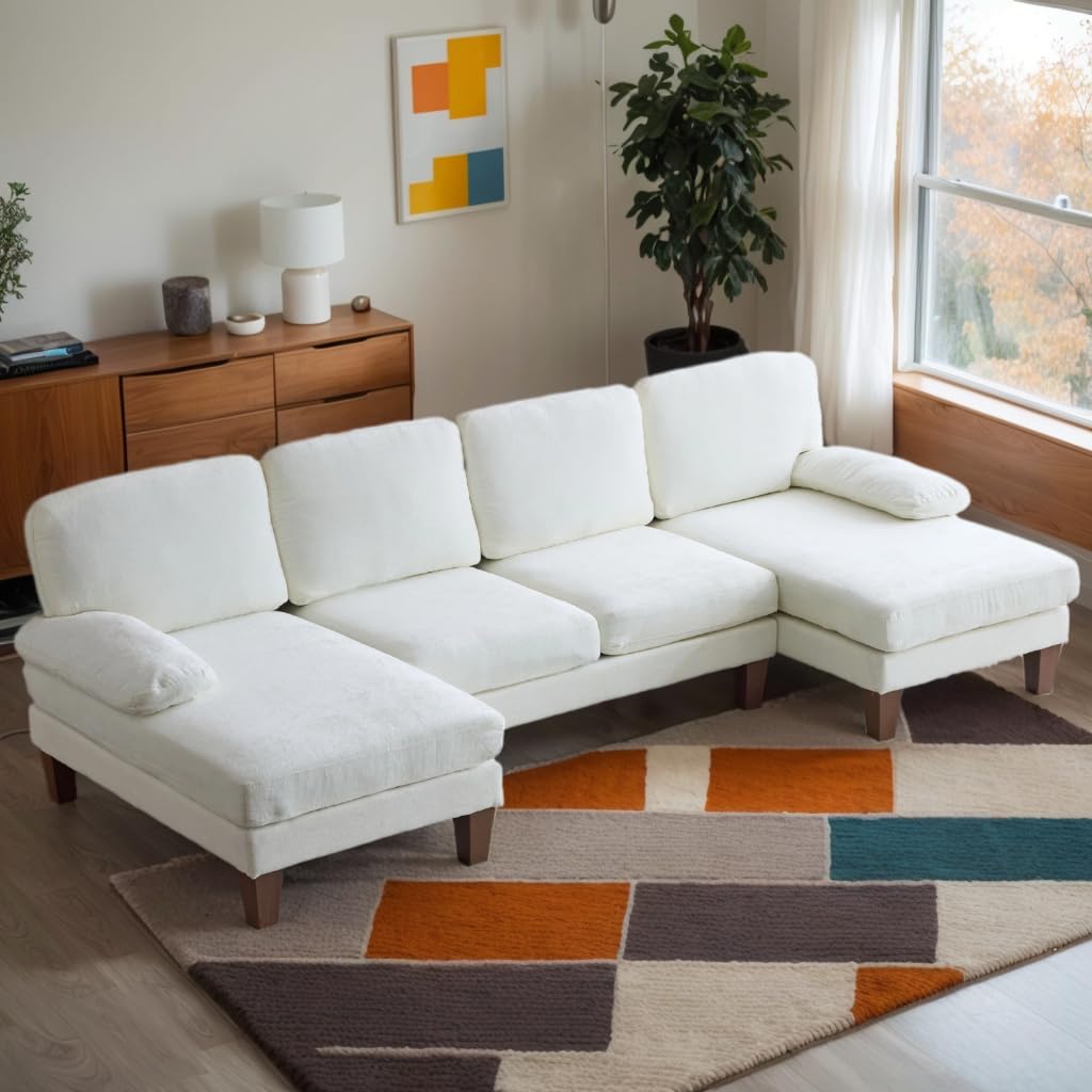 Karl home U-Shape Sectional Sofa Couch 111" Modern 4-Seat Sofa with Chaises Chenille Fabric Upholstered Covertible Couch with Wood Grain Legs for Living Room, Reception Room, Apartment, Beige Karl home