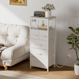 Furnulem Tall Nightstand with 5 Fabric Drawers, White Dresser for Bedroom with LED Lights and Charging Station, Vertical Bedside Table for Hallway, Entryway, Wood Top, Living Room Furniture Furnulem