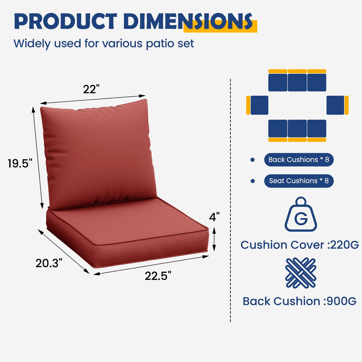 UDPATIO Outdoor Cushions for Patio Furniture, 4'' Replacement Cushions for Outdoor Furniture, Set of 8 Water-Resistant Outdoor Sectional Cushions for Sofa Couch Chair (Wine) UDPATIO