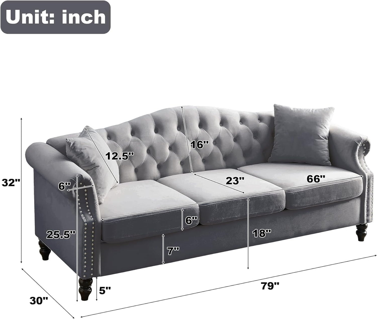 ATUMON 79" Chesterfield Velvet Couch for Living Room, 3-Seater Tufted Sofa with Rolled Arms Nailhead & Two Pillows for Bedroom, Office & Coffee Bar, Gray ATUMON