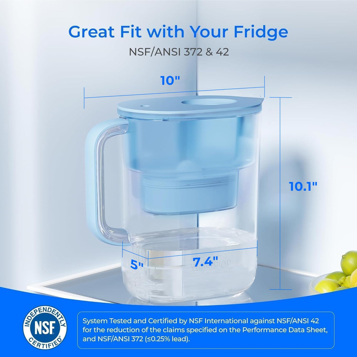 Waterdrop Water Filter Pitcher with 1 Filter, 200-Gallon Long-Life, 10-Cup Large Water Filter Pitcher, NSF Certified, 5X Times Lifetime, Reduces PFOA/PFOS, Chlorine, Blue Waterdrop