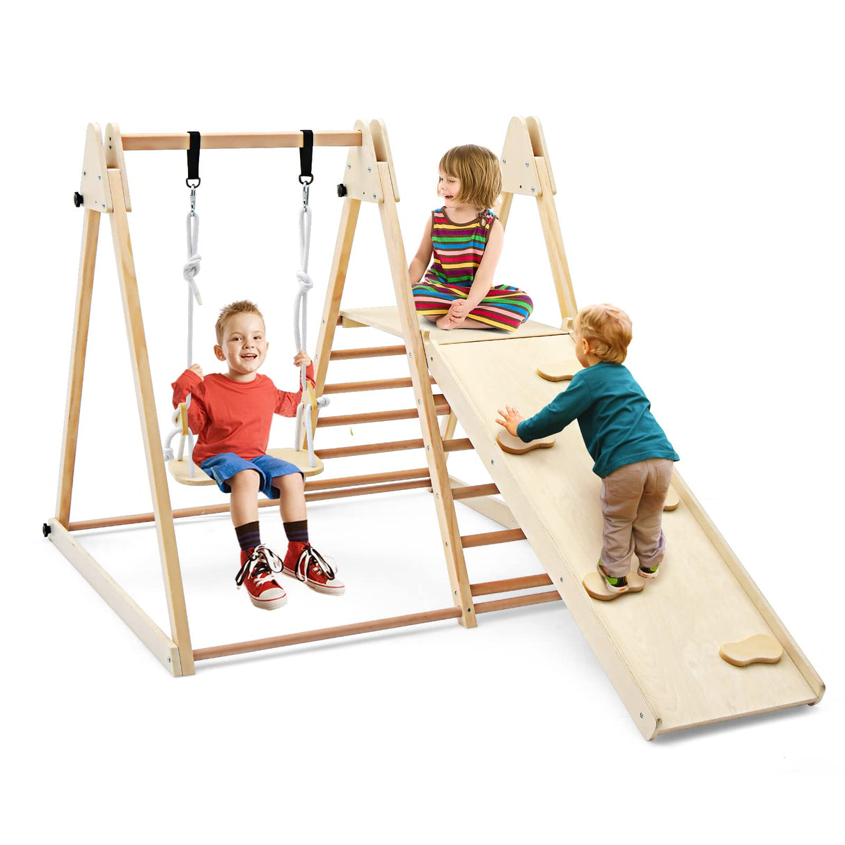 OLAKIDS Toddlers Triangle Climbing Set, 4 in 1 Foldable Kids Wood Montessori Climber Ladder with Ramp, Slide and Swing, Indoor Playground Jungle Play Gym Structure for Boys Girls Olakids