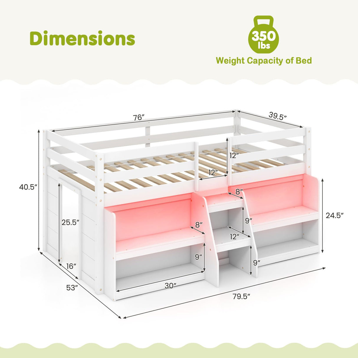 Giantex White Low Loft Bed with LED Lights, Bookcase, Storage, and Staircase for Kids Giantex