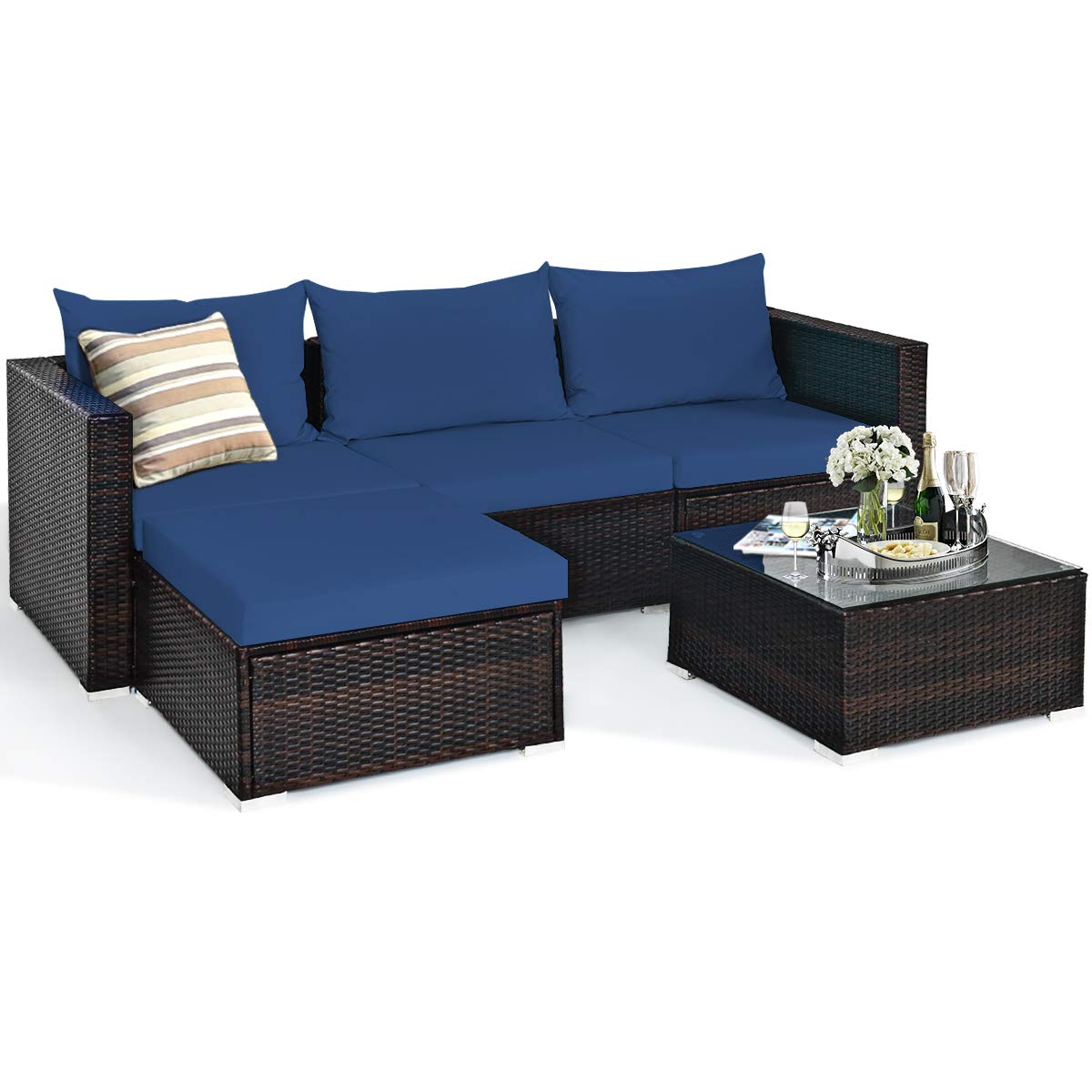 COSTWAY 5PCS Patio Rattan Furniture Set Sectional Conversation Sofa w/Coffee Table Navy - WoodArtSupply