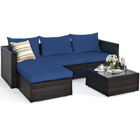 COSTWAY 5PCS Patio Rattan Furniture Set Sectional Conversation Sofa w/Coffee Table Navy COSTWAY