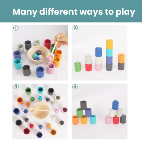 WOODENFUN Rainbow Balls in Cups Toddler Montessori Toys for 3 Year Old Up, Kids Preschool Wooden Matching Games for Learning Color Sorting and Counting WOODENFUN