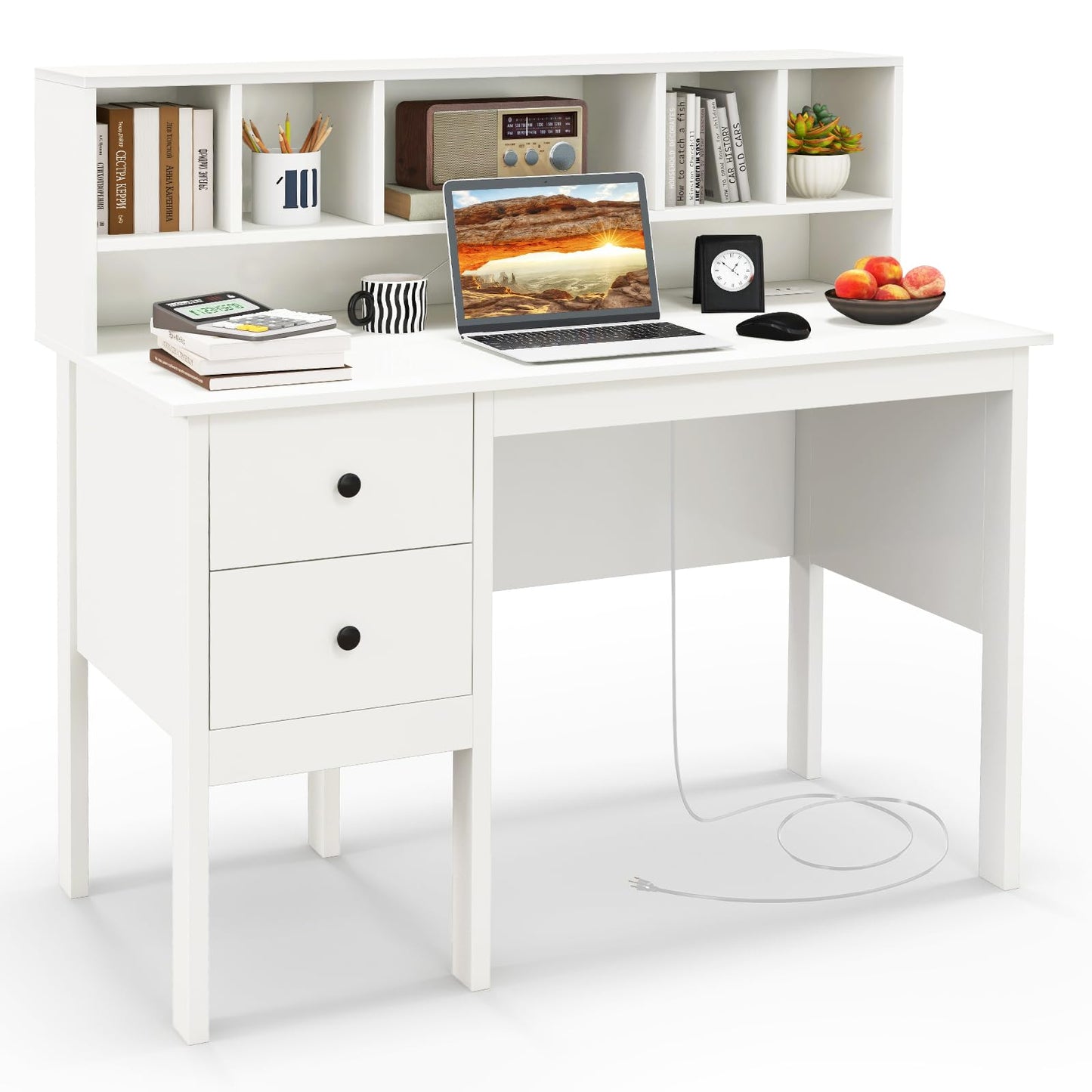 GLOBALWAY48” Computer Desk, Study Writing Desk with 5-Cube Hutch, 2 Drawers & Charging Station, Home Office Workstation for Living Room, Study & Bedroom, White - WoodArtSupply