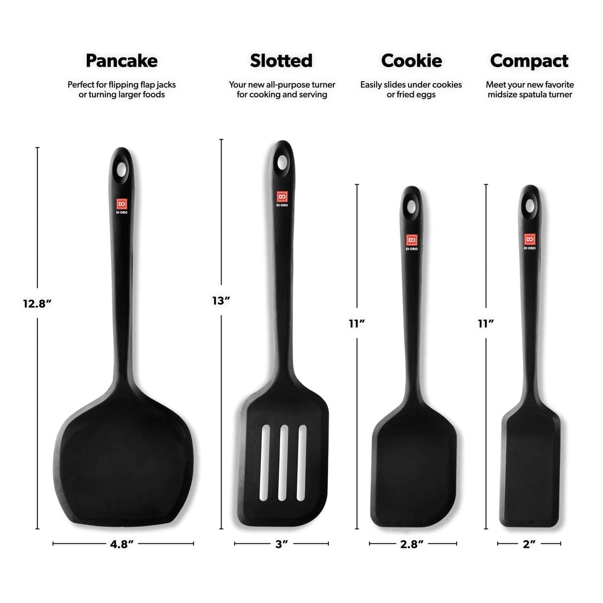 DI ORO Silicone Turner Spatula Set - Kitchen Spatulas for Nonstick Cookware - Cooking Utensils for Flipping Eggs & Pancakes - 600°F Heat-Resistant BPA Free Turners - Dishwasher Safe (4pc, Black) di Oro Living