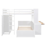 MaiDeHaoo Twin Over Full L-Shaped Bunk Bed with Desk and Shelves, Wood Bunk Bed with Storage Wardrobe and Stand-Alone Bed, White MaiDeHaoo