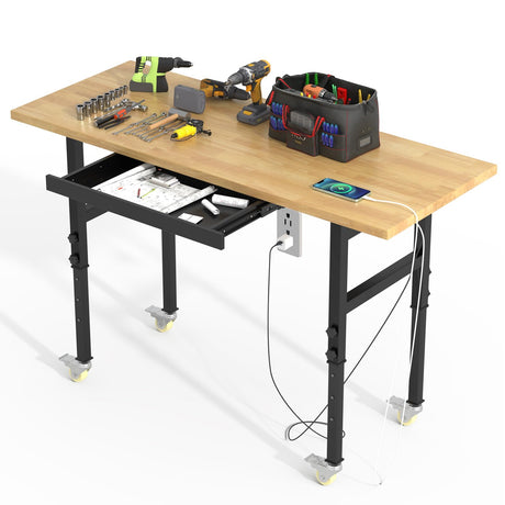 60" Adjustable Workbench with Drawers, 2000LBS Heavy Duty Work Bench with 360° Swivel Wheels and Power Outlets, Rubber Wood Top Work Table for Garage Workshop Office Home Big Lighting Deals