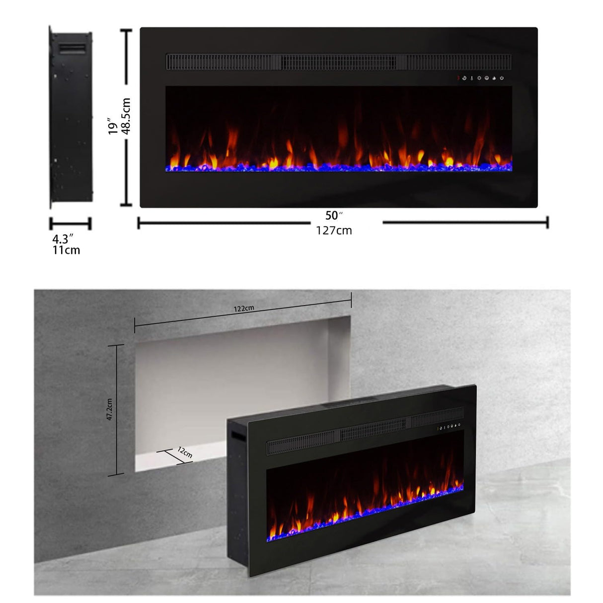 Panana Electric Fireplace Heater Wall Mounted, 50 inch Wide Recessed Electric Fireplace, 1400W, 8H Timer, 20 Color Flame, Remote Control, Log Set & Crystal Panana