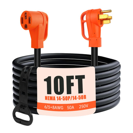 10 FT 50 Amp RV/EV Extension Cord Outdoor 4 Prong 250-Volt NEMA 14-50P to 14-50R, Suitable for RV Trailers, Campers, Tesla Model 3/S/X/Y, Heavy Duty STW AWG Gauge, UL & ETL Listed (10 Feet) ZEMIRO CHARGE