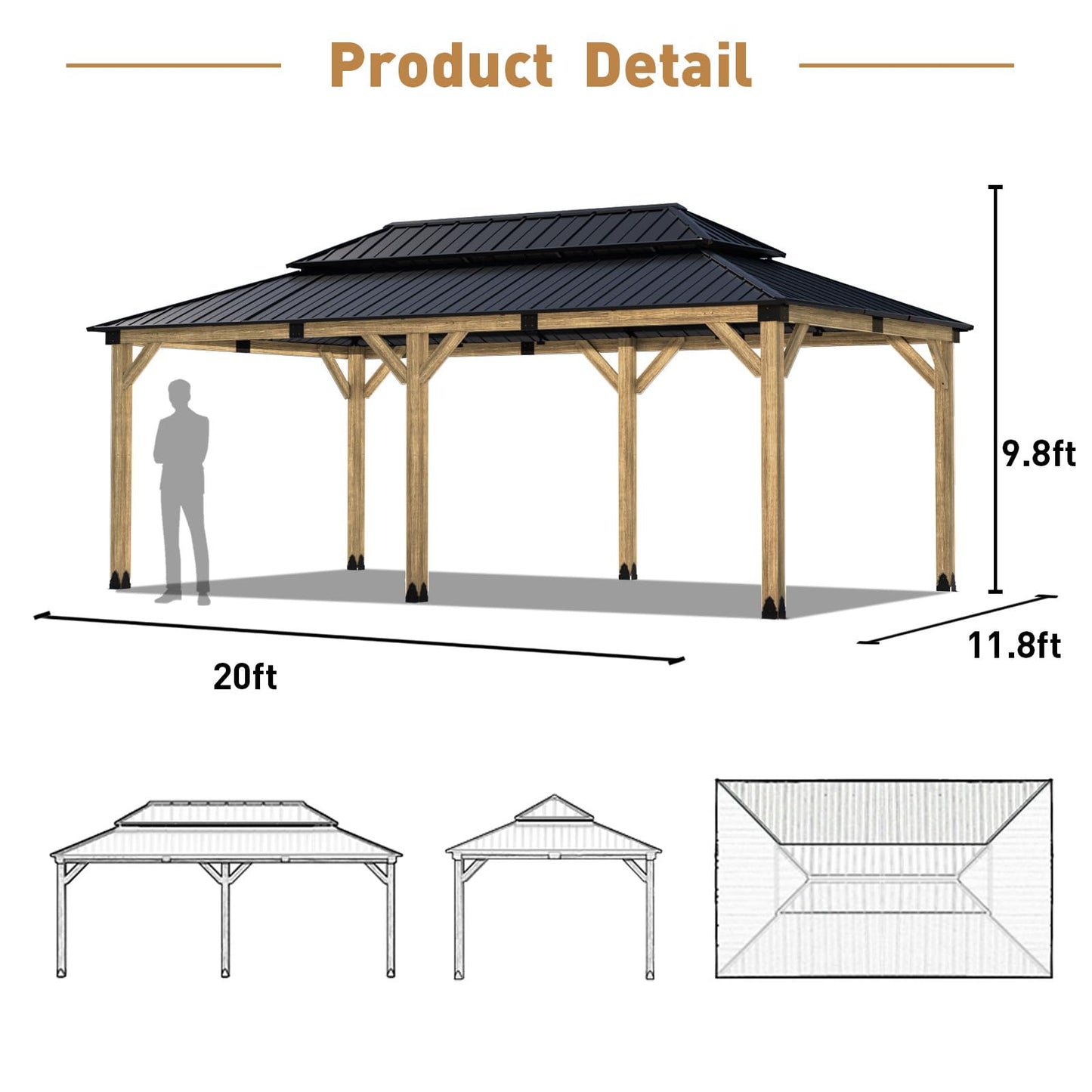 COSIEST 12x20FT Cedar Wood Gazebo, Outdoor Hardtop Gazebo with Galvanized Steel Gable Roof, Wooden Gazebo Pavilion for Patio Backyard Deck Lawn - WoodArtSupply