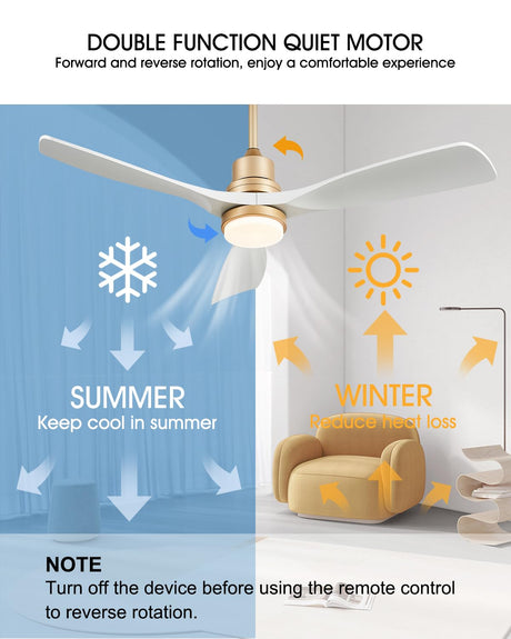 White and Gold Ceiling Fans with Lights Remote Control, 52 inch Modern Gold Ceiling Fan ETL Listed, 3 Downrods, 3 blades Gold Fan Reversible Quiet DC Motor, Timer, 6-Speed for Outdor Patio Bedroom Forrovenco