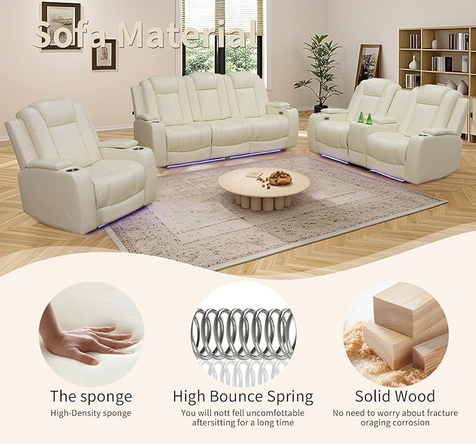 AYCP Furniture Power Recliner Set with LED Lights, Quilted Air Leather Reclining Set with USB Port/Storage/Cup Holder/Reader Light for House/Home Theater/Apt/Rv/Office (Ivory, 3PC Full Set) AYCP Furniture
