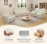 AYCP Furniture Power Recliner Set with LED Lights, Quilted Air Leather Reclining Set with USB Port/Storage/Cup Holder/Reader Light for House/Home Theater/Apt/Rv/Office (Ivory, 3PC Full Set) AYCP Furniture