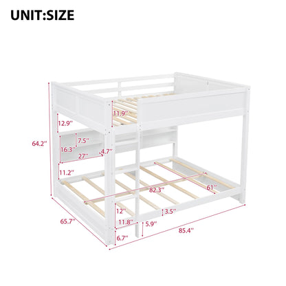 Modern Queen Over Queen Bunk Bed, Multifunctional Wood Bunk Bed with Storage Cabinets and USB Ports for Kids Teens Adults Bedroom (White-2)