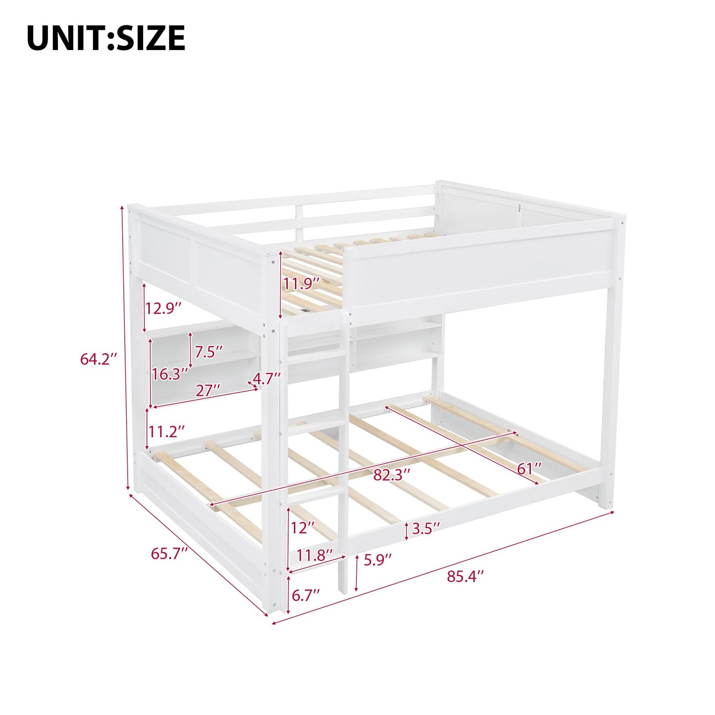 SOFTSEA Queen Over Queen Bunk Bed with Storage, Modern Queen Size Bunk Beds with Storage Bookcase and USB Ports for Kids Teens Adults, Wood Bunk Bed with Guardrail and Ladder, White