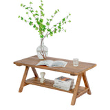 iVilla Farmhouse Coffee Table for Living Room, 2-Tier Solid Wood Coffee Table, Rustic Rectangular Coffee Table with Storage Open Shelf, Natural iVilla