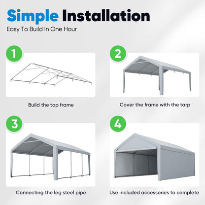 Quictent 13’x20’ Heavy Duty Carport Car Canopy Galvanized Car Boat Shelter with Removable Sidewalls, Reinforced Top Poles and Ground Bar-Grey - WoodArtSupply