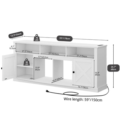 YITAHOME Farmhouse TV Stand for TVS up to 80 Inch, Modern TV Console with Barn Doors & Storage Cabinets, Entertainment Center with Power Outlet, TV Cabinet for Living Room, 70" White