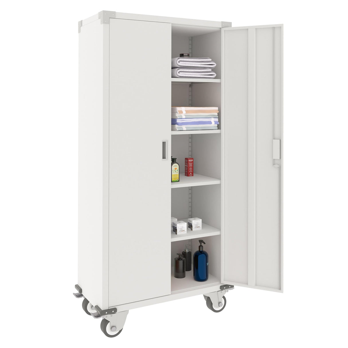 Aobabo 72 Inch Locking Metal Garage Home Office Storage Cabinet with Universal Rubber Wheels/Lockable Casters and Magnetic Doors, White Aobabo