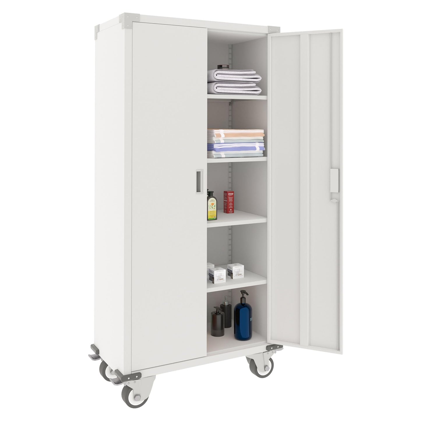 Aobabo 72 Inch Locking Metal Garage Home Office Storage Cabinet with Universal Rubber Wheels/Lockable Casters and Magnetic Doors, White