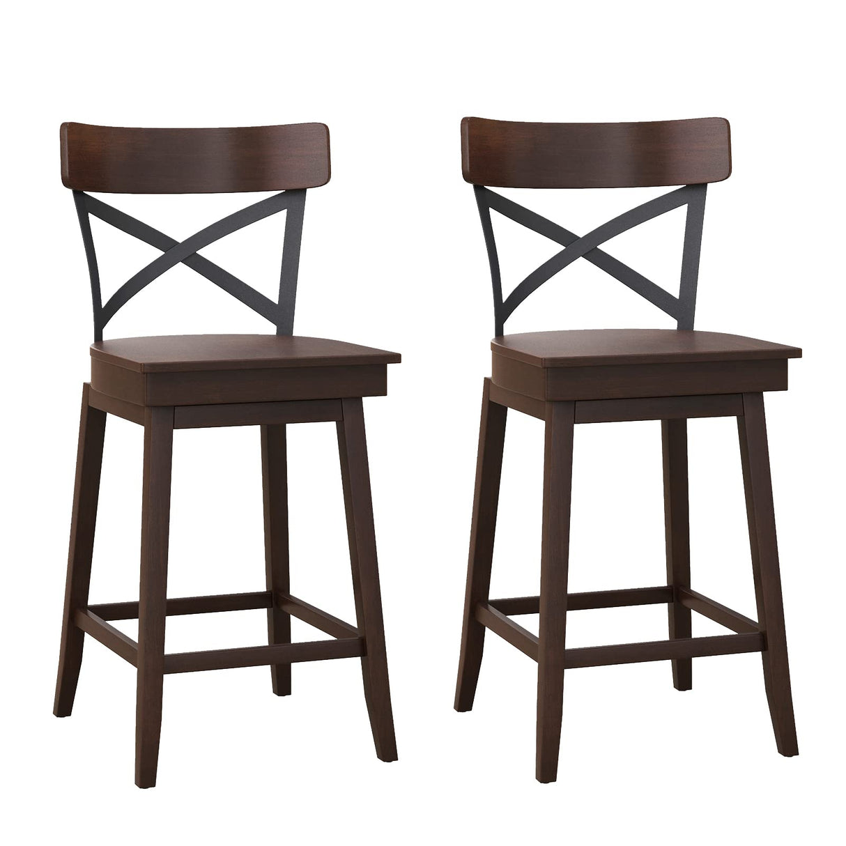 COSTWAY Swivel Bar Stool Set of 2, 24 Inch Ergonomic Counter Height Chairs with Open X Back & Footrest, 2PCS Vintage Wooden Barstools for Kitchen COSTWAY