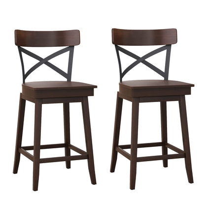 COSTWAY Swivel Bar Stool Set of 2, 24 Inch Ergonomic Counter Height Chairs with Open X Back & Footrest, 2PCS Vintage Wooden Barstools for Kitchen