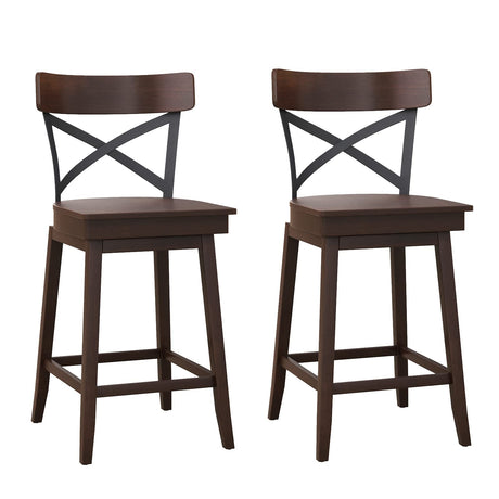 COSTWAY Swivel Bar Stool Set of 2, 24 Inch Ergonomic Counter Height Chairs with Open X Back & Footrest, 2PCS Vintage Wooden Barstools for Kitchen COSTWAY
