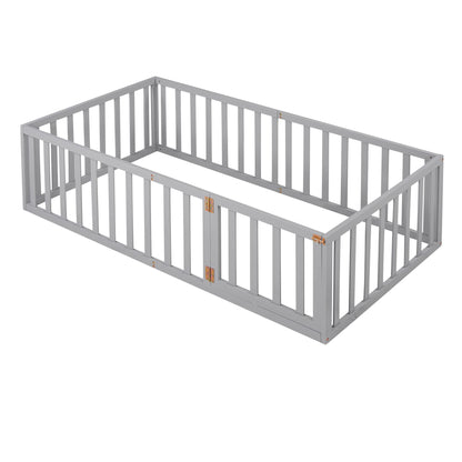 Okak Twin Size Montessori Floor Bed with Safety Guardrails and Playful Door, Light Gray - WoodArtSupply