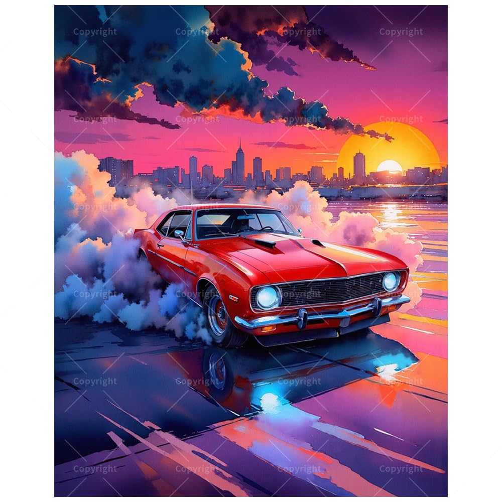 Classic Car Paint by Numbers Kit for Adults - DIY Red Muscle Car at Sunset Painting on Canvas 16x20In, Acrylic Paint Set, Suitable for Beginners, Art for Home Decoration or Gifts DecorFriday